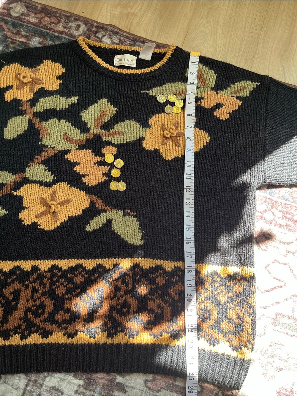Women’s Vintage Black Floral Knit Sweater with Gold Coin Accents Size L - Picture 6 of 7